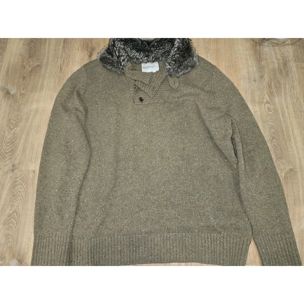 Banana Republic Heritage Men's XXL Olive Flecked Knit Henley Sweater Faux Fur...